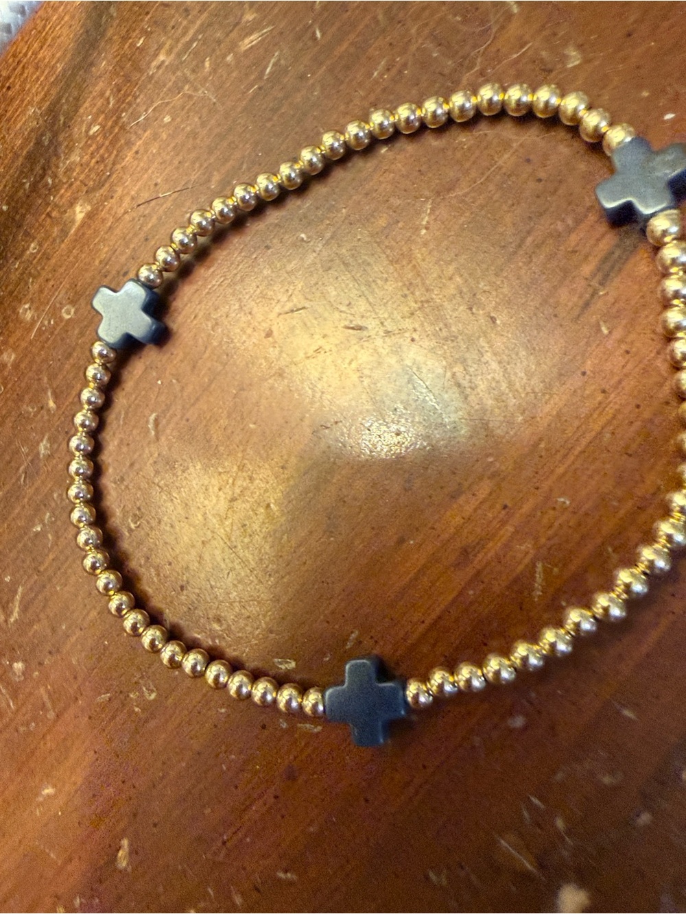 Gold Bead Bracelet with Navy Cross Accents - Elegant Stretch Bracelet - Picture 5 of 6